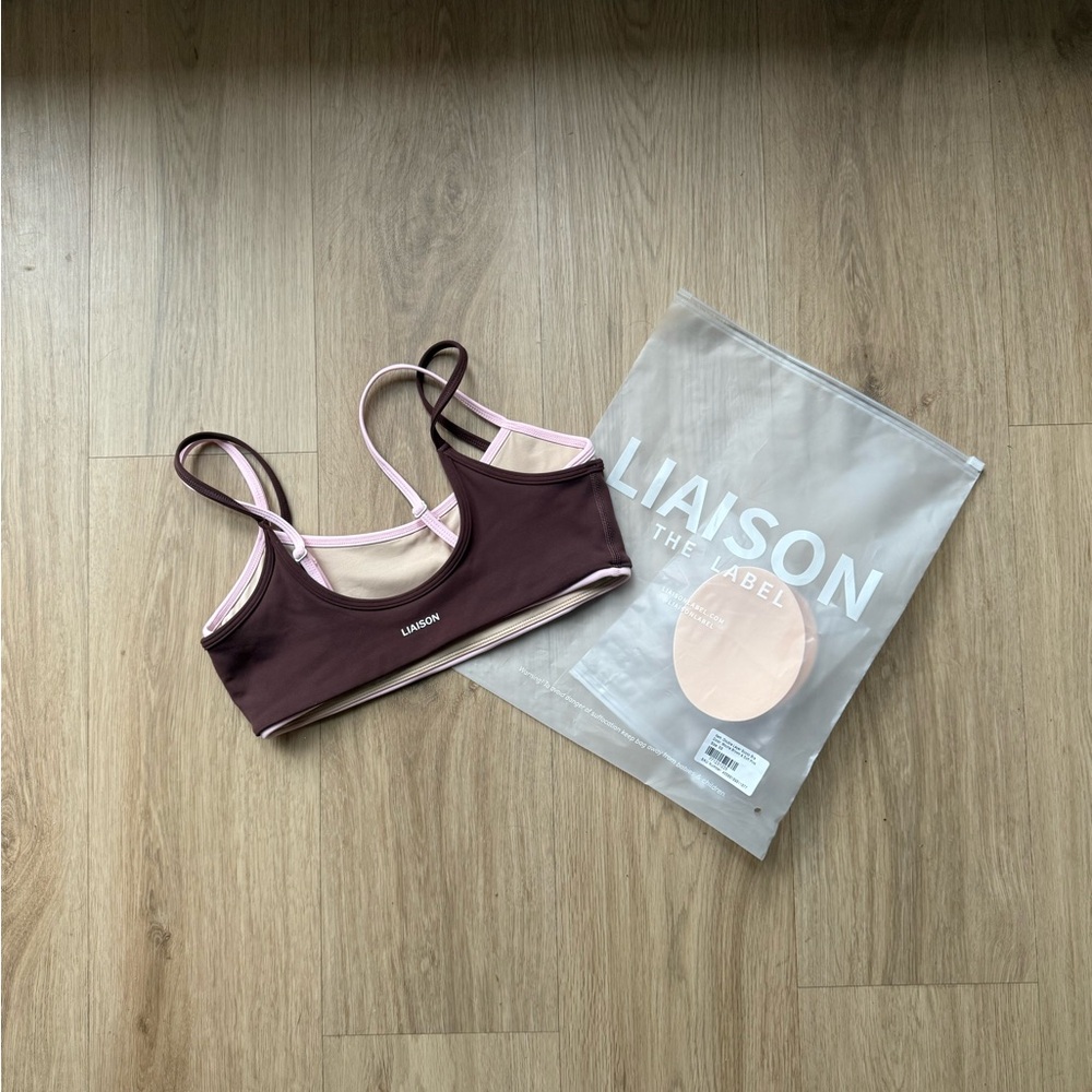 Liaison The Label Double Layered Scoop Bra - Mocha Brown and Soft Pink - Size XS - Picture 3 of 3